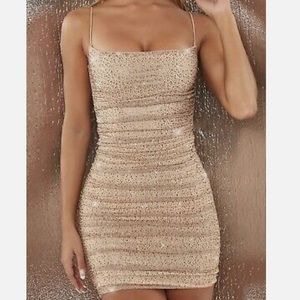 Oh Polly Champagne Gold Beaded Ruched Mesh Dress